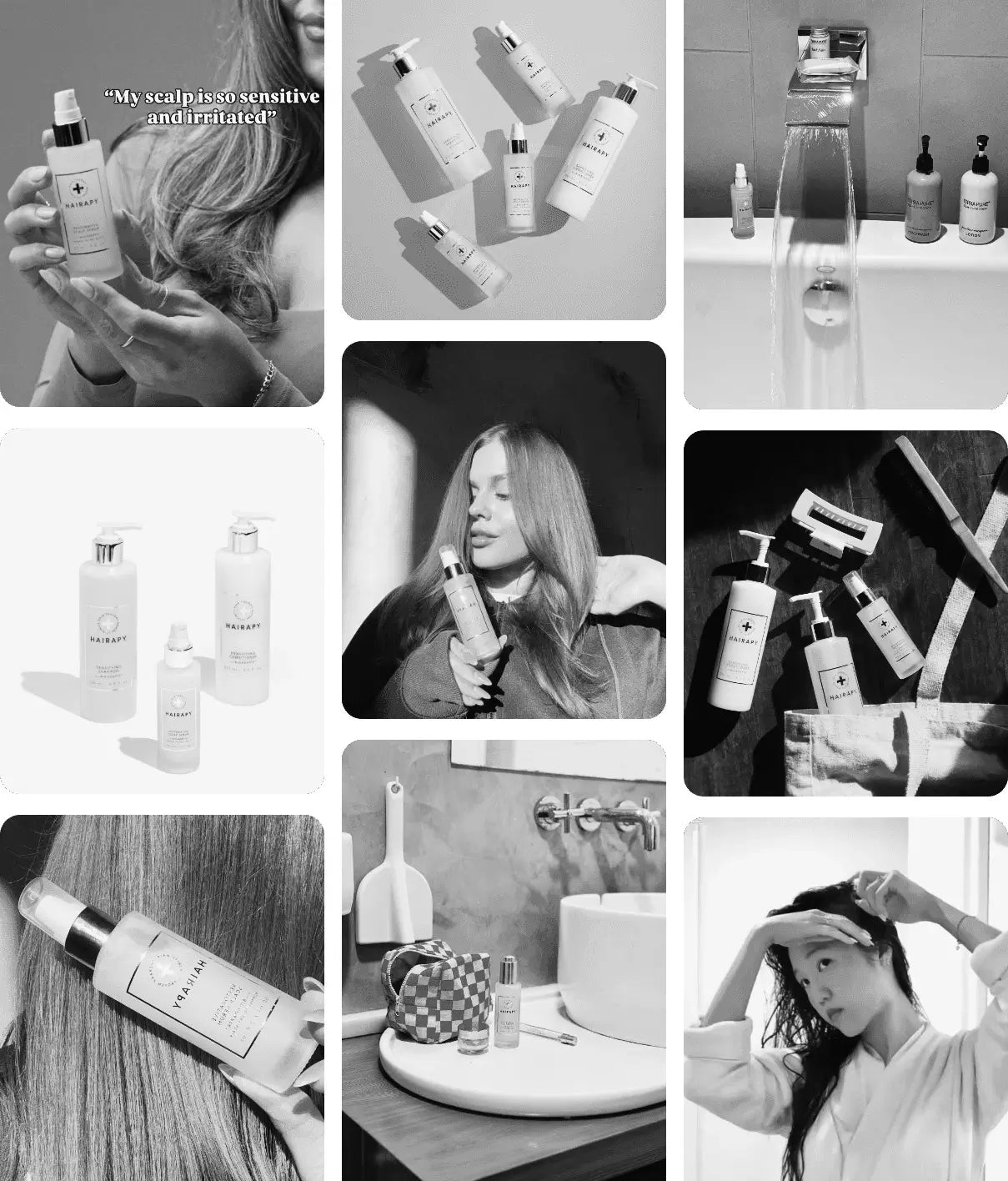 collage of photos featuring hairapy scalp serums and hair growth products